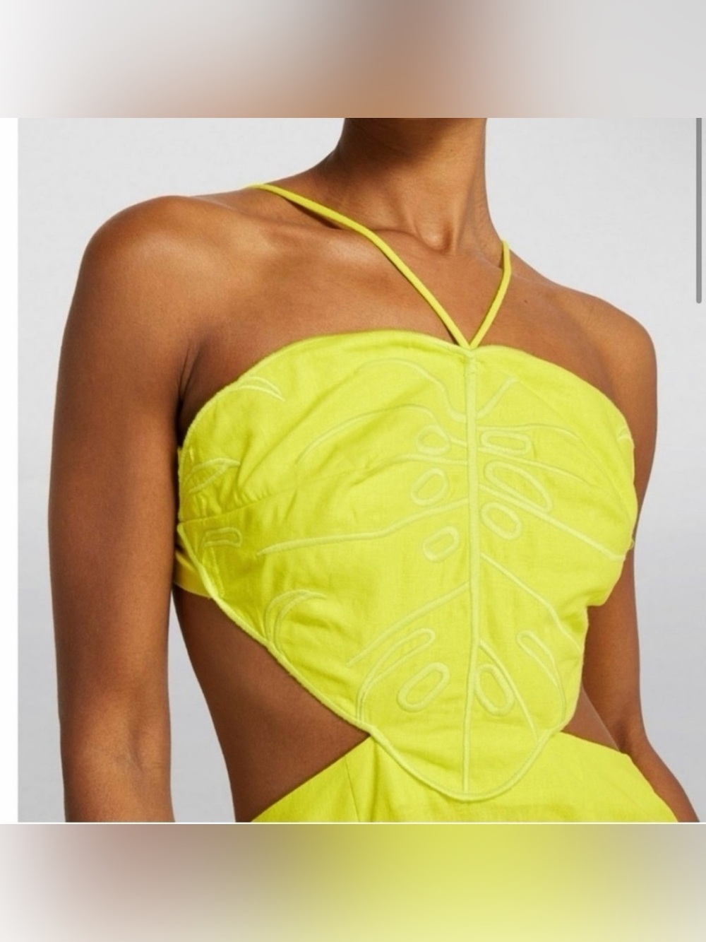 Farm Rio Monstera Leaf Neon Yellow Lime Strappy Midi Dress